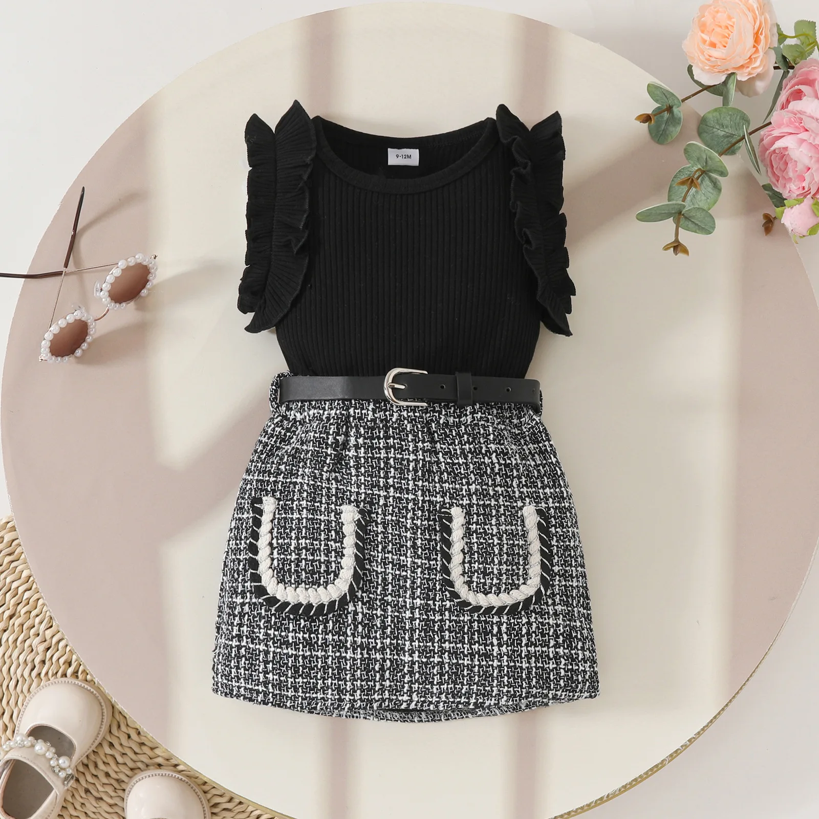 Conjuntos de 3 piezas de ropa de verano para niño niña, moda coreana, Tops negros sin mangas para bebé, falda a cuadros y cinturón, ropa de Boutique para niños BC2229 - imagen 3