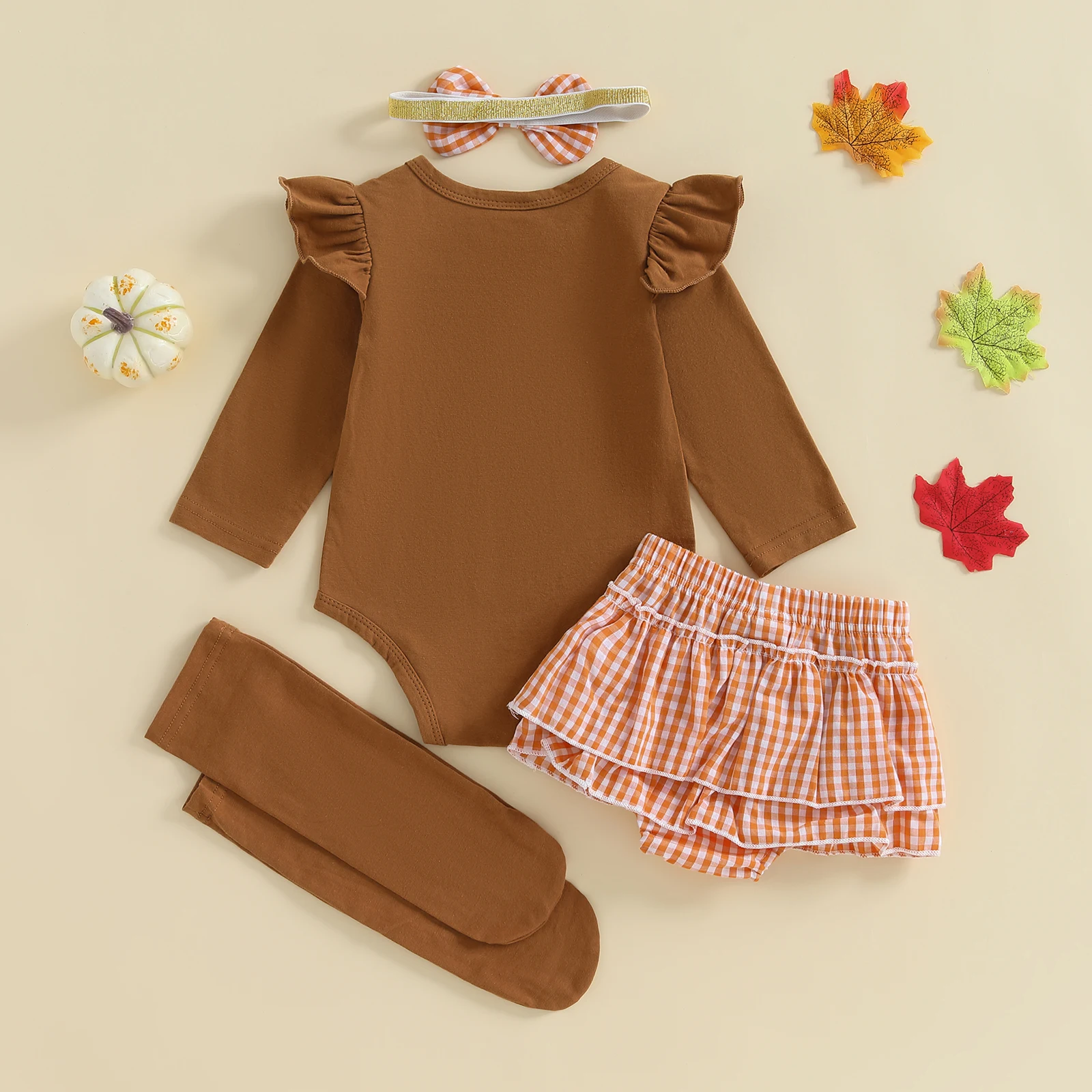 SUNSIOM Conjuntos de ropa para niña de 0 a 18 meses, pelele con estampado de letras de Acción de Gracias de manga larga, falda pantalón a cuadros con diadema y medias - imagen 3