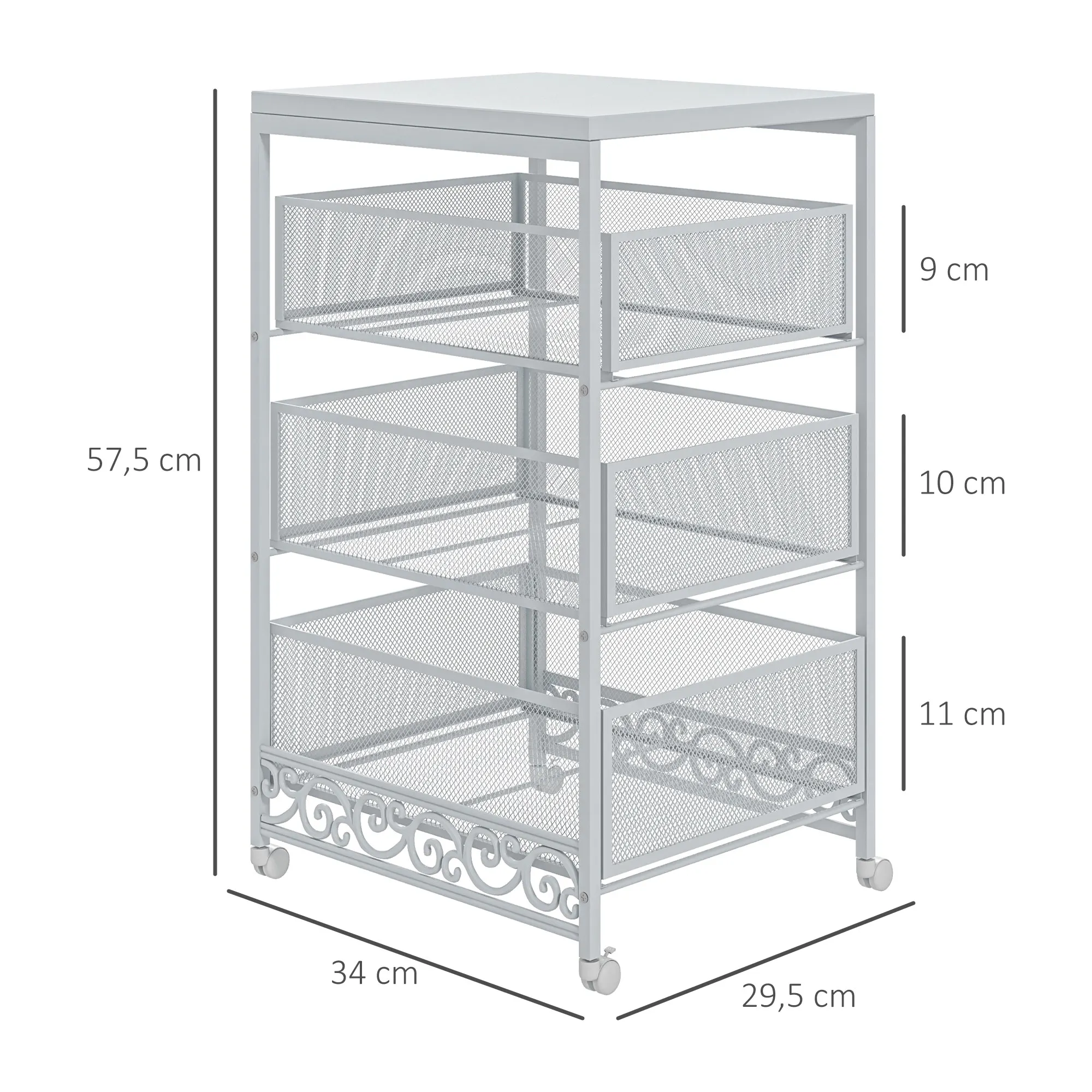 HOMCOM Carrito Auxiliar con Ruedas Carrito de Almacenamiento de 3 Niveles con 3 Cesta de Almacenamiento para Salón Comedor Cocina Baño 34x29,5x57,5 cm Blanco - imagen 3
