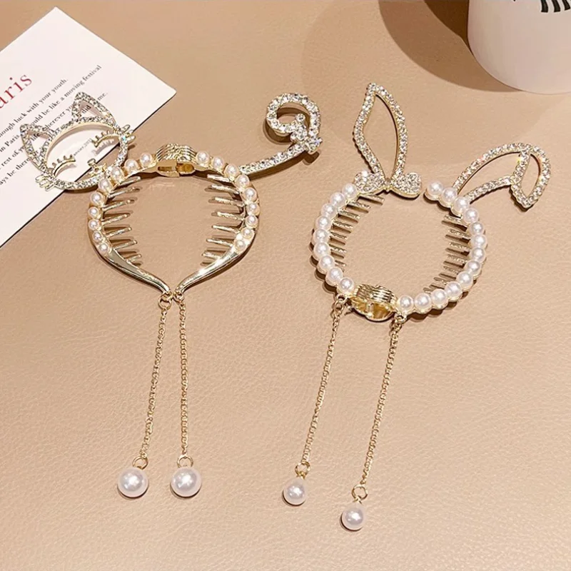 Niños Rhinestone ala de Ángel orejas de animales Clip de pelo de bebé elegante horquillas de perlas diadema de cola de caballo para niñas accesorios para niños - imagen 3
