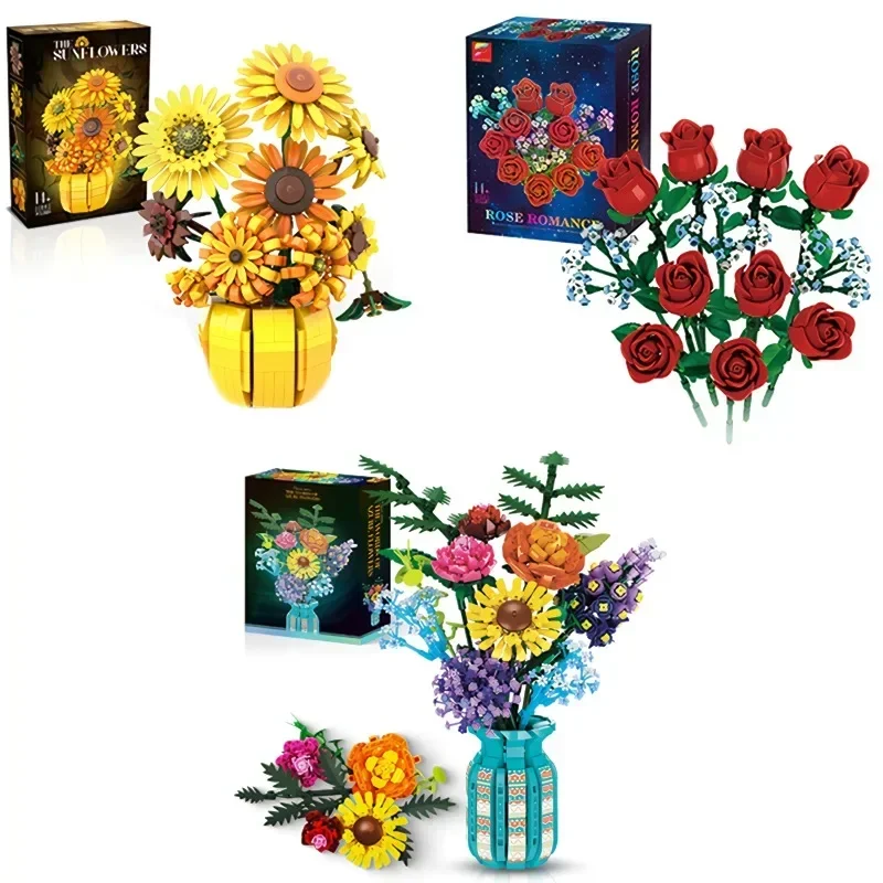 Bloques de construcción de tulipán y girasol rosa, ramo de flores, jarrón, modelo de ladrillos, decoración del hogar, juguetes educativos para niños, regalos de vacaciones - imagen 5