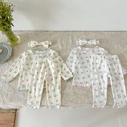 Milangel-Conjunto de pijamas de algodón para bebé, ropa de estar por casa con flores, color rosa, dulce, de 3 piezas, para otoño, 0-3T