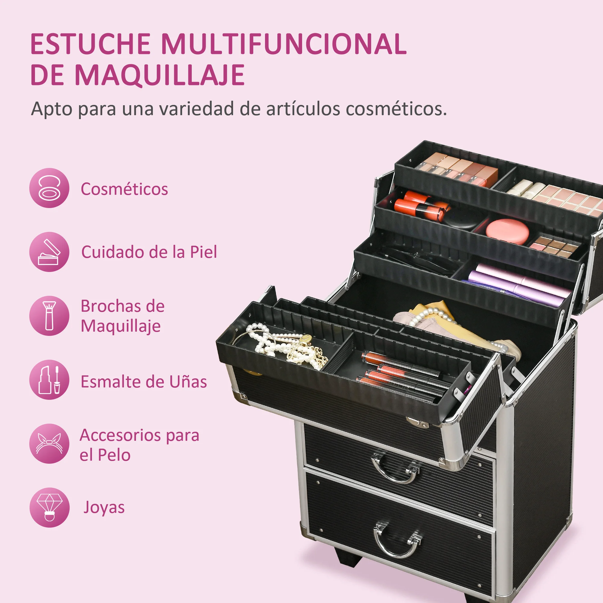 HOMCOM Maleta de Maquillaje Profesional Estuche para Cosméticos con Ruedas Trolley Maquillaje con 6 Cajones Extensibles Cerradura 2 Llaves y Asa Retráctil 36x23x58 cm Negro - imagen 4
