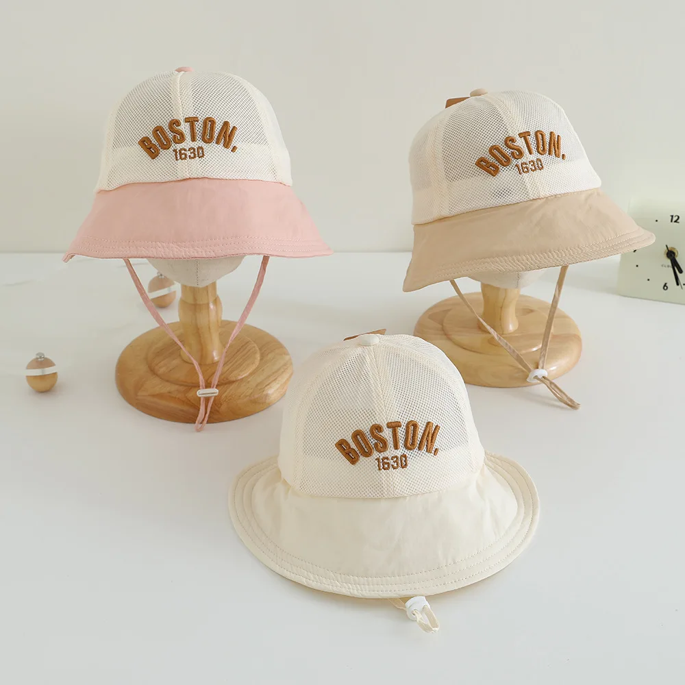 Nuevos sombreros de cubo de malla para bebé, sombrero para el sol con letras bordadas de primavera, sombrero de pesca, visera para sombrilla, gorra de playa al aire libre para niño y niña de 1 a 3 años