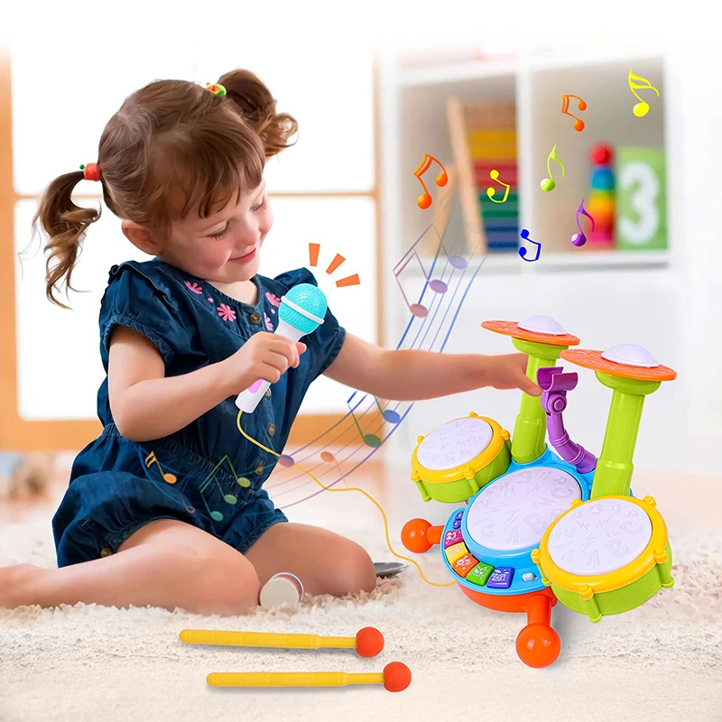 Juguetes para bebés, juego de batería Musical con sonido ligero para niños pequeños de 1, 2 y 3 años, instrumentos educativos, micrófono, juego para niños de Navidad - imagen 2