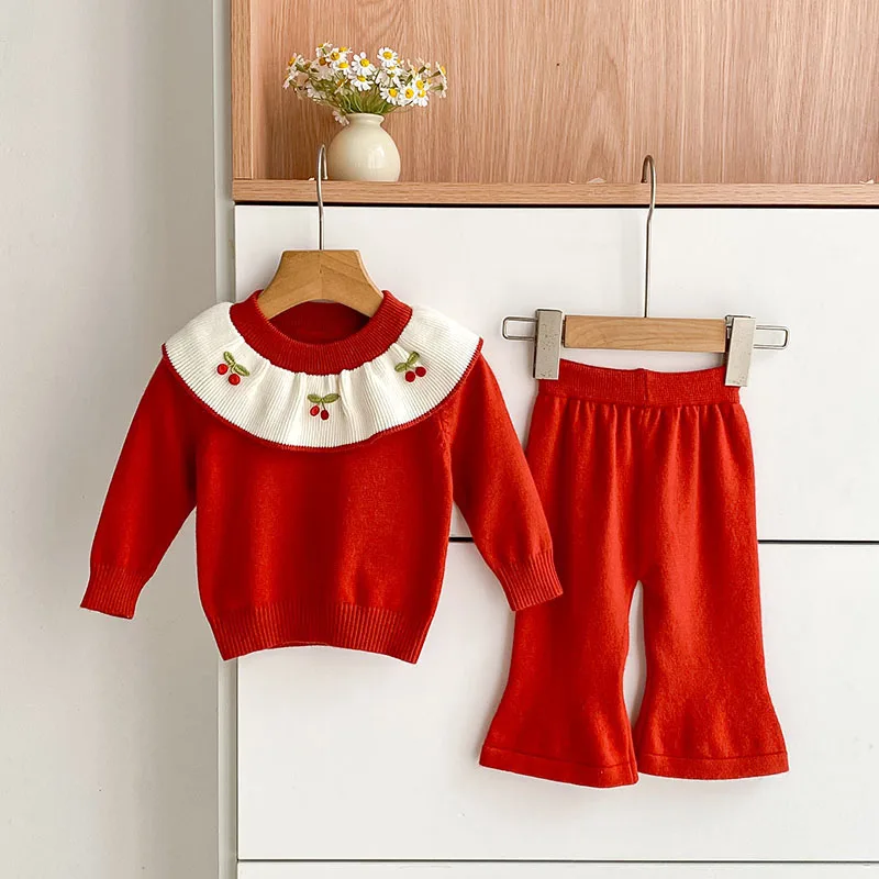 MILANCEL-Conjunto de suéter de otoño para bebé, Jersey de punto con cerezas bordadas de 3 a 24M y pantalones acampanados, traje infantil versión coreana - imagen 3