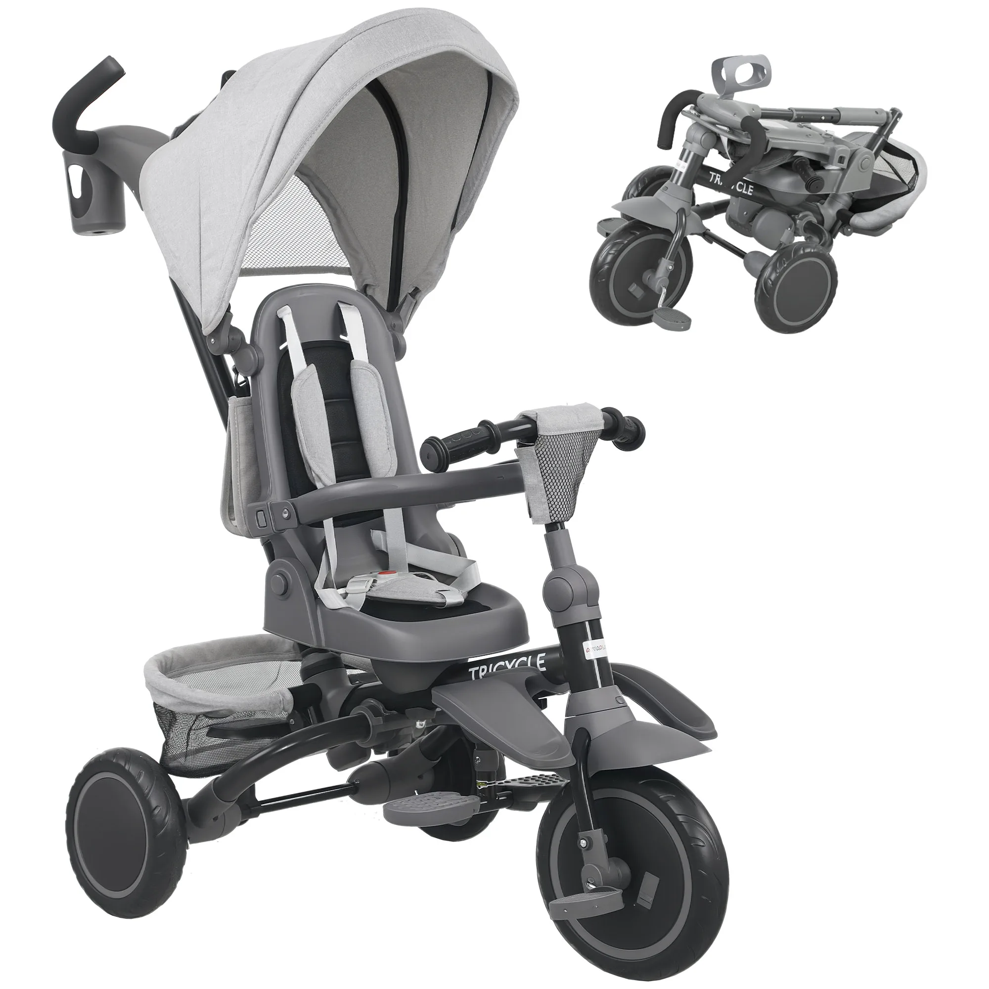 AIYAPLAY Triciclo Evolutivo 6 en 1, Triciclo para Bebés Plegable, 1-5 Años, Asiento Giratorio de 360°, Mango Parental, Respaldo Reclinable, Toldo, Cinturón de Seguridad, Cesta, Reposapiés