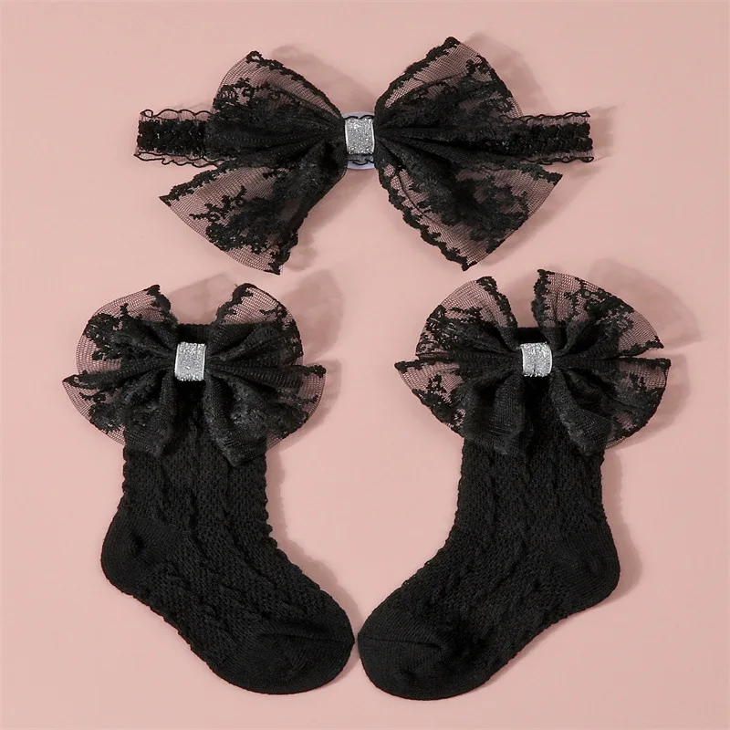 Lindo 1 Juego de calcetines con lazo para bebé, diademas para recién nacido, calcetines de punto cálidos de encaje suave, diademas para niñas y niños, calcetines medios nuevos - imagen 3