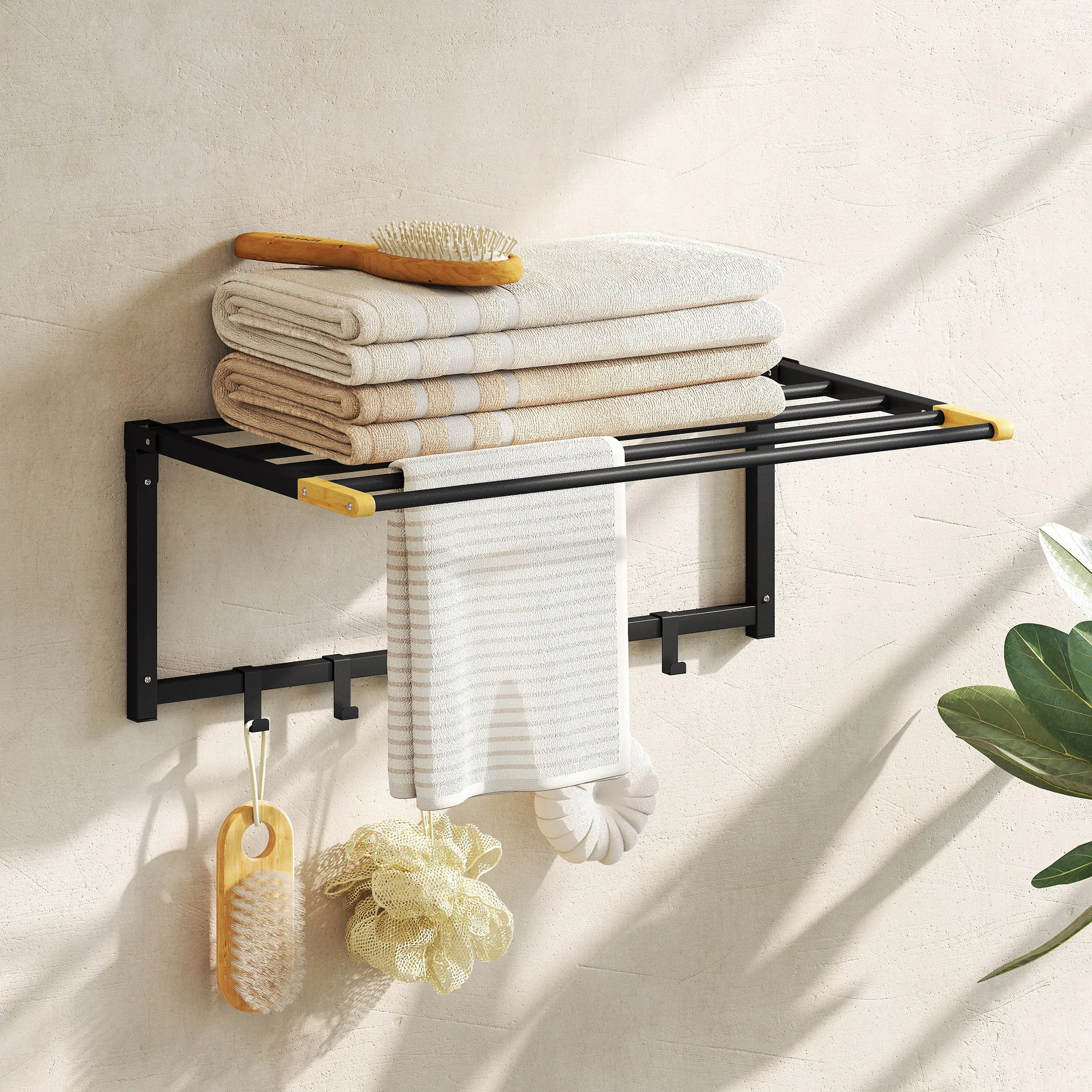 HOMCOM Toallero de Baño de Pared, Toallero Plegable con 5 Barras y 6 Ganchos, para Toallas, Baño, 60 cm, Negro - imagen 2