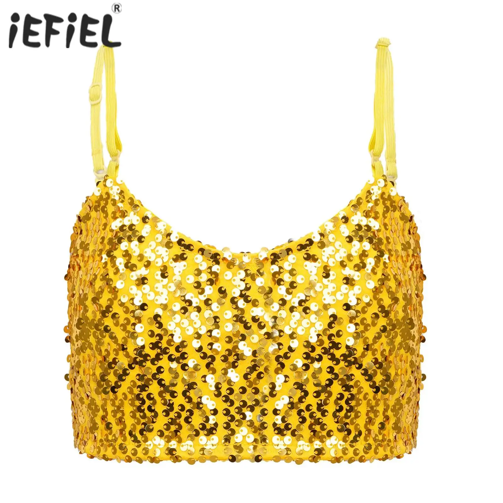 Top corto de lentejuelas brillantes para niñas, sin mangas, escote en V, tirantes finos ajustables, camisetas sin mangas para baile de Jazz latino