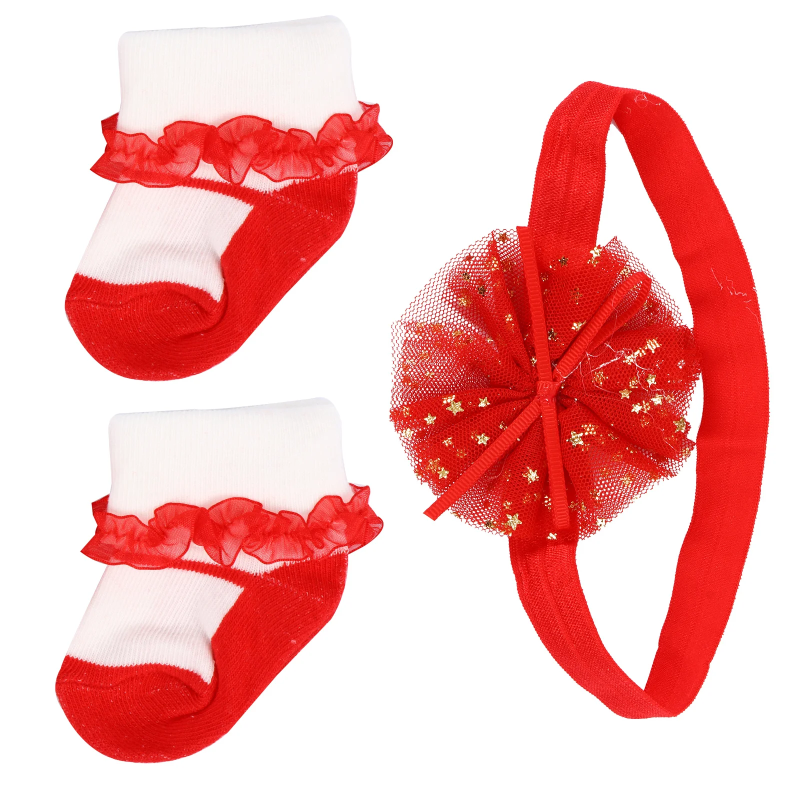 1 Juego de diadema y calcetines para bebé de 0 a 12 meses, diseño de flores de encaje, regalo elástico cálido para recién nacidos, diadema de moda para niñas y niños pequeños