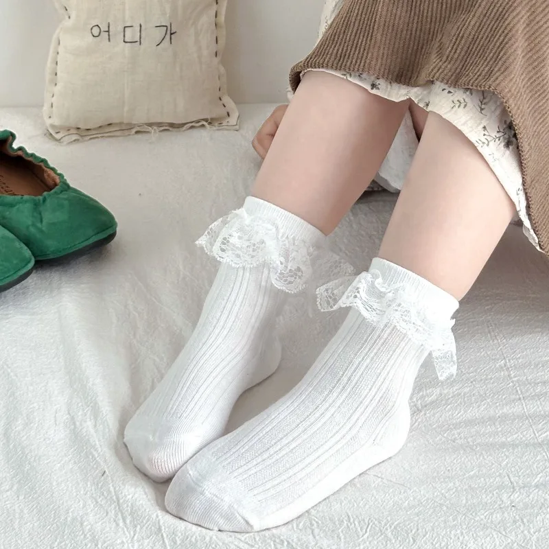 3 par/set de calcetines hasta la pantorrilla con volantes de Color blanco para niñas, calcetines elegantes de princesa de encaje Jacquard para niños, calcetines escolares de algodón suave - imagen 2