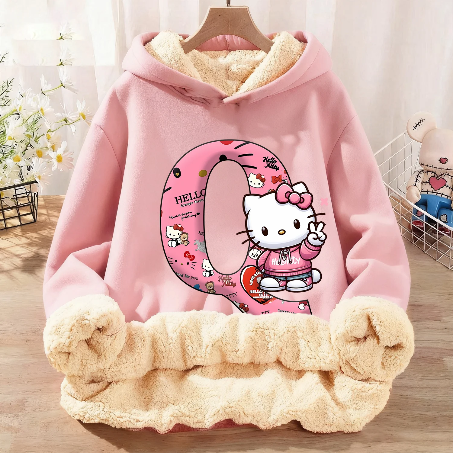 Sudadera gruesa con capucha de Hello Kitty para niños, ropa de dibujos animados, sudadera de lana Kawaii, ropa con capucha cálida rosa para invierno, regalo para niños