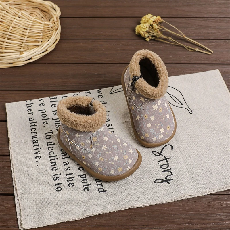 Otoño Invierno, botas de nieve para niñas, zapatos de princesa florales de felpa cálidos para exteriores, botas antideslizantes de suela suave para niños pequeños - imagen 5