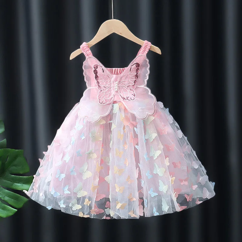 Vestido de verano para niñas pequeñas, dulce princesa, bordado de flores, volantes, sin mangas, lazo, tul, vestido de fiesta para niños pequeños con alas