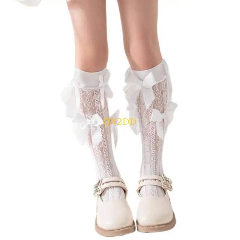QX2D Girls Bajo longitud rodilla Calcetines para niños Preciosos calcetines detalles Bownot en calcetines tubo - imagen 3