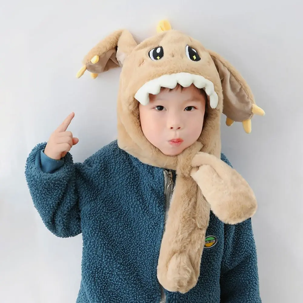 Gorro cálido a la moda con bufanda a prueba de viento, gorro protector de oreja cálido con dragón de dibujos animados, gorros de una sola pieza a prueba de frío, bufandas para Otoño e Invierno - imagen 3