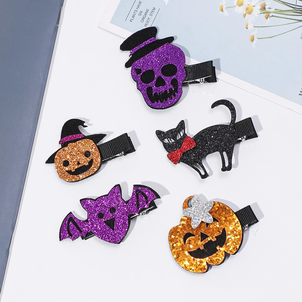 Nuevas horquillas de Halloween, pinzas para el cabello elementales de calabaza, murciélago, araña, sombreros divertidos para niños, pasadores de lentejuelas a la moda - imagen 3