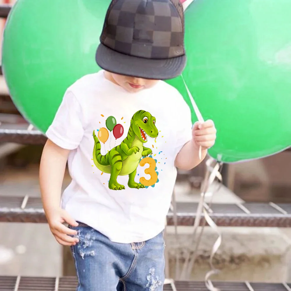 T-rex Dinosaur Birthday T-Shirt ANY AGE White Top Dino Trex Party Tops Cute Dino Boy Girls Birthday Shirts Outfit