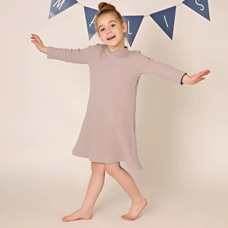 Vestido largo de varias estaciones para niñas, vestidos con cuello en v, conjunto de pijamas familiares de manga larga, ropa para niños, material acanalado de punto - imagen 3