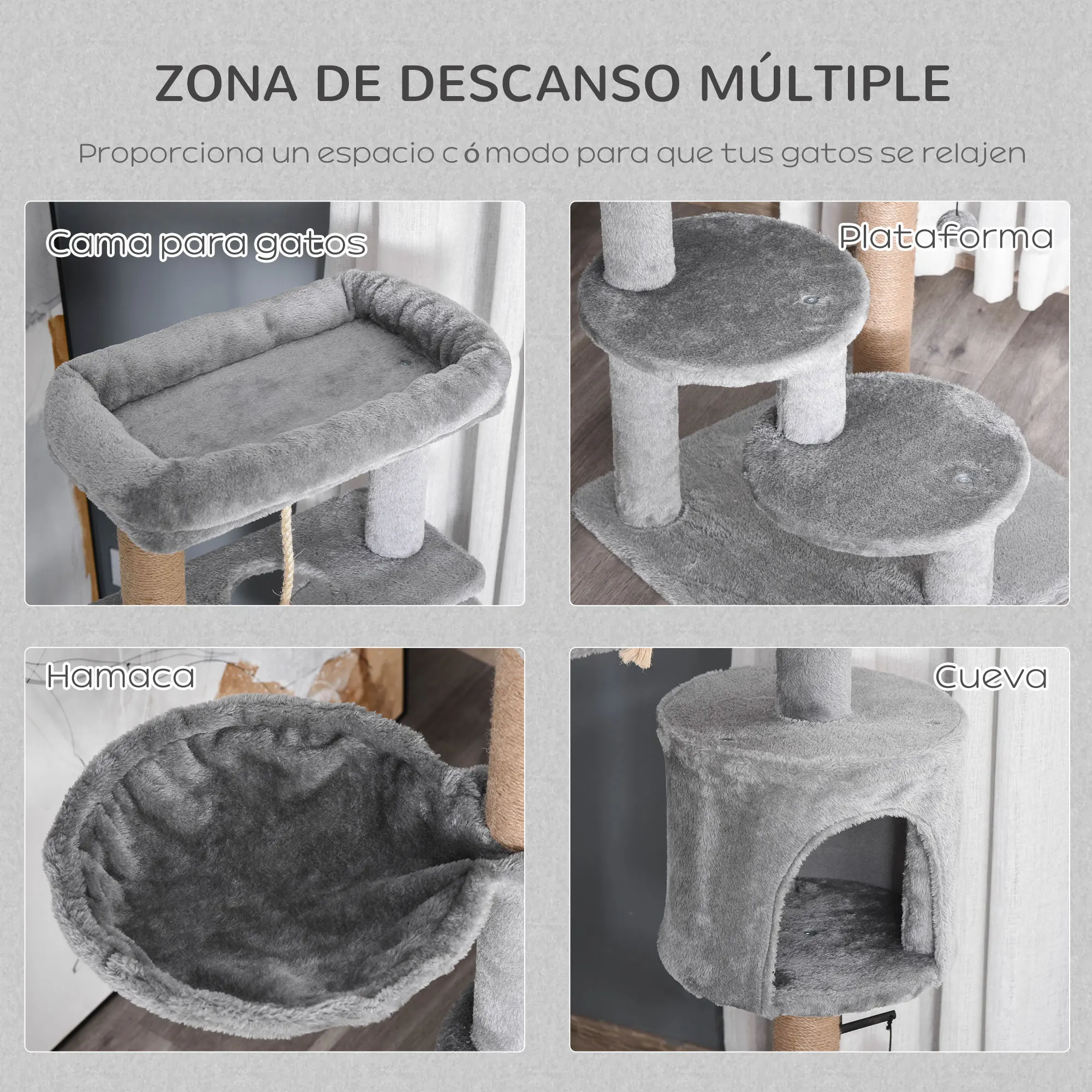 PawHut Árbol Rascador para Gatos Altura 120 cm Torre de Gatos con Plataformas Cueva Hamaca Postes de Yute Cuerda Divertida Bola Colgante 48x48x120 cm Gris - imagen 4