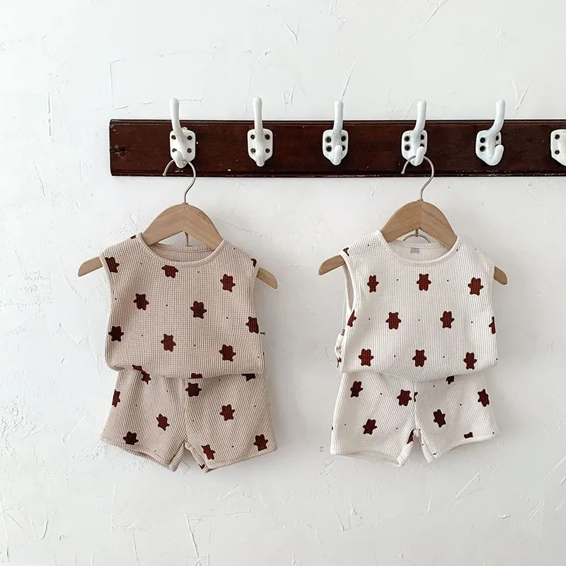 MILANCEL, chaleco y pantalones cortos de verano para niñas, conjunto de ropa para bebés, traje para bebés, conjunto de ropa de oso Waffle - imagen 2