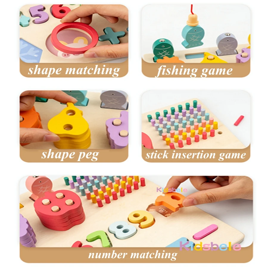 Juguetes de bloques de construcción Montessori con forma de madera, juguete de pesca cognitivo de frutas de Color 5 en 1, juego de mesa de habilidad motora fina - imagen 3