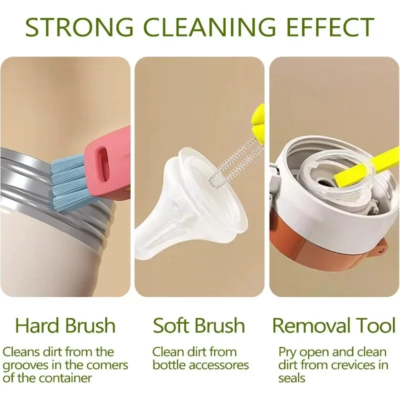 Juego de cepillos de limpieza de tapa de taza de pétalo lindo, Mini cepillo de limpieza de botella de taza PP, Mini limpiador de flores coloridas para viajes y hogar, 3 en 1 - imagen 2