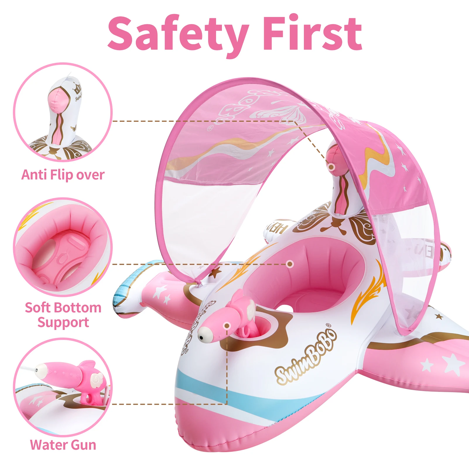 Swimbobo-pistola de agua rosa para exteriores, avión de juego, asiento inflable para niños, flotador, anillo de natación para bebé con dosel - imagen 5