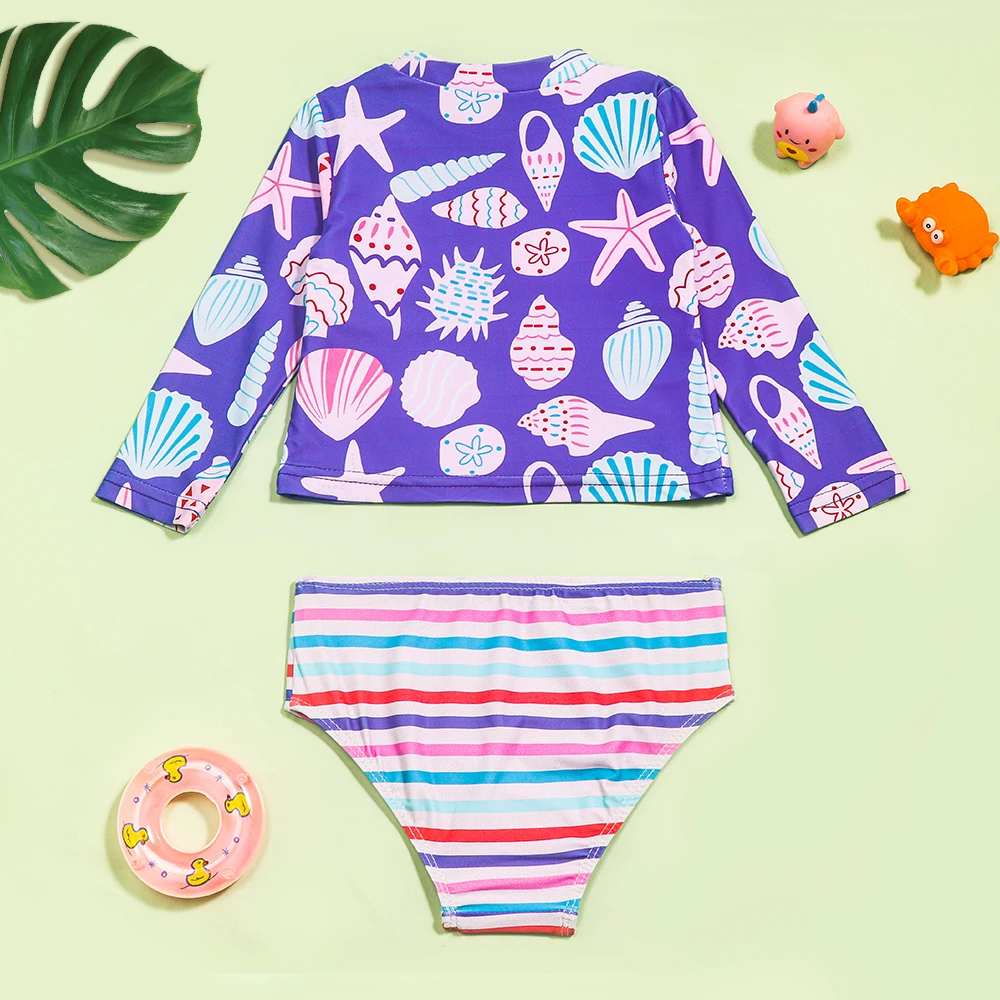 Traje de baño rayas para niña manga larga con detalle concha
