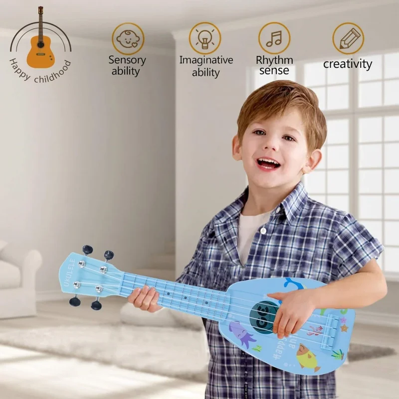 Juguete de guitarra para ukelele para niños pequeños, instrumentos musicales de educación temprana, Mini juguetes de aprendizaje de guitarra de 4 cuerdas, juguetes interactivos para padres e hijos - imagen 3