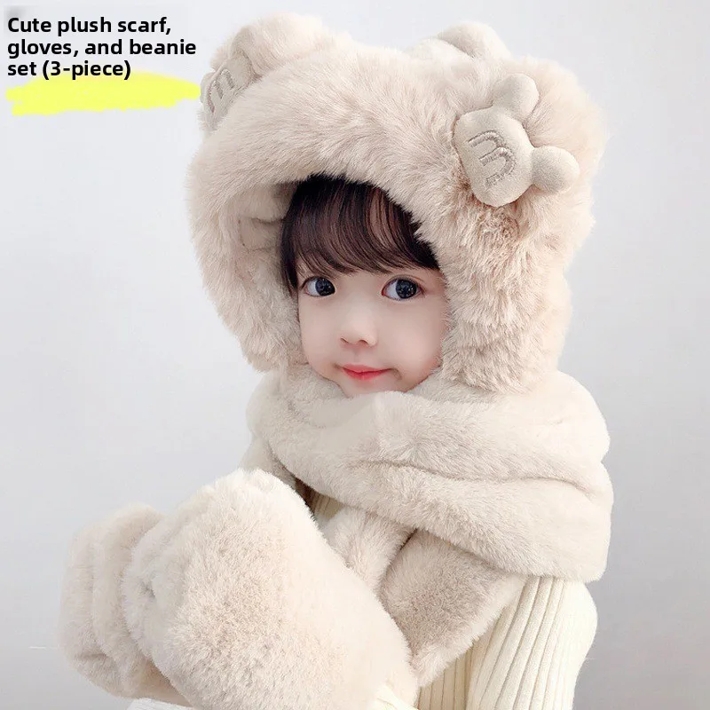 Conjunto 3 en 1 para niños de otoño e invierno: combinación de gorro, bufanda y guantes de felpa gruesos y cálidos, estilo de cubierta para la cabeza para niños, niñas y niños pequeños. - imagen 4
