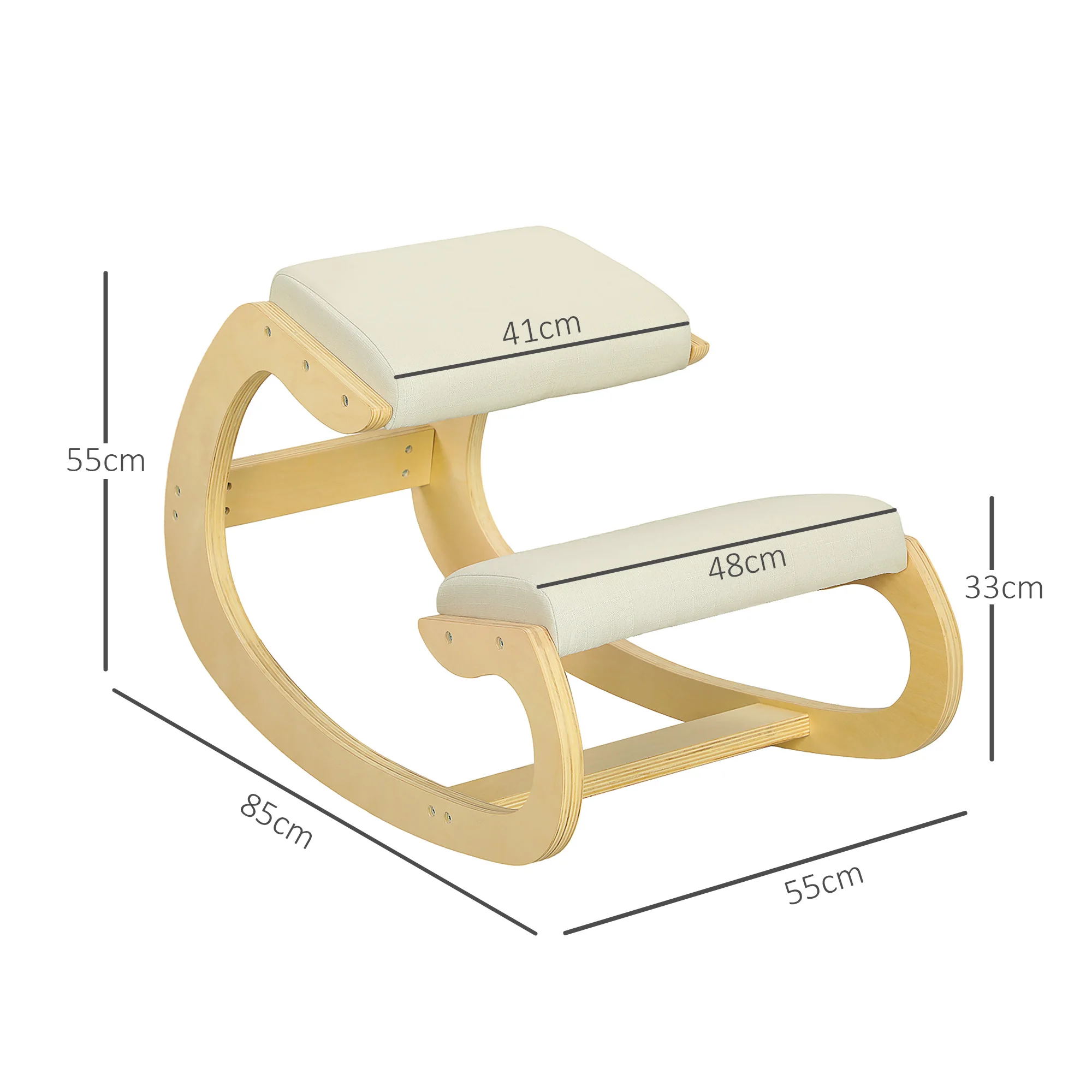 HOMCOM-Silla de Rodillas con Movimiento de balanceo, Postural Ergonómica en Tejido, Efecto Lino y Madera de Abedul, 55x85x55 cm, crema - imagen 3
