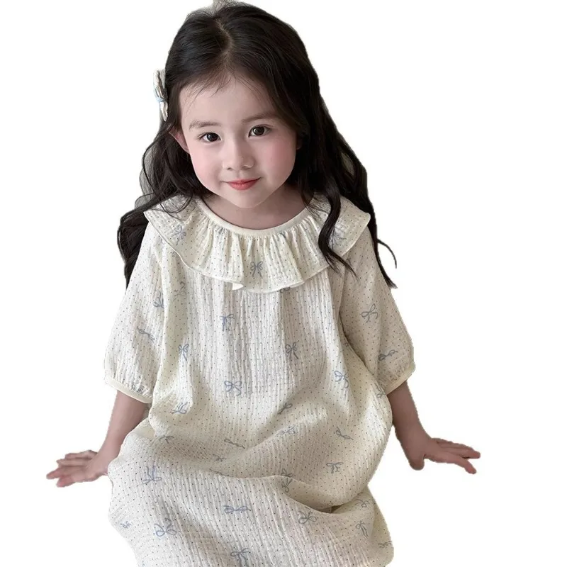 Nuevo camisón de princesa de gasa de algodón para niñas, vestido de dormir ligero con adornos de encaje para verano, ropa de casa con lazo estampado Floral, ropa de descanso, - imagen 5