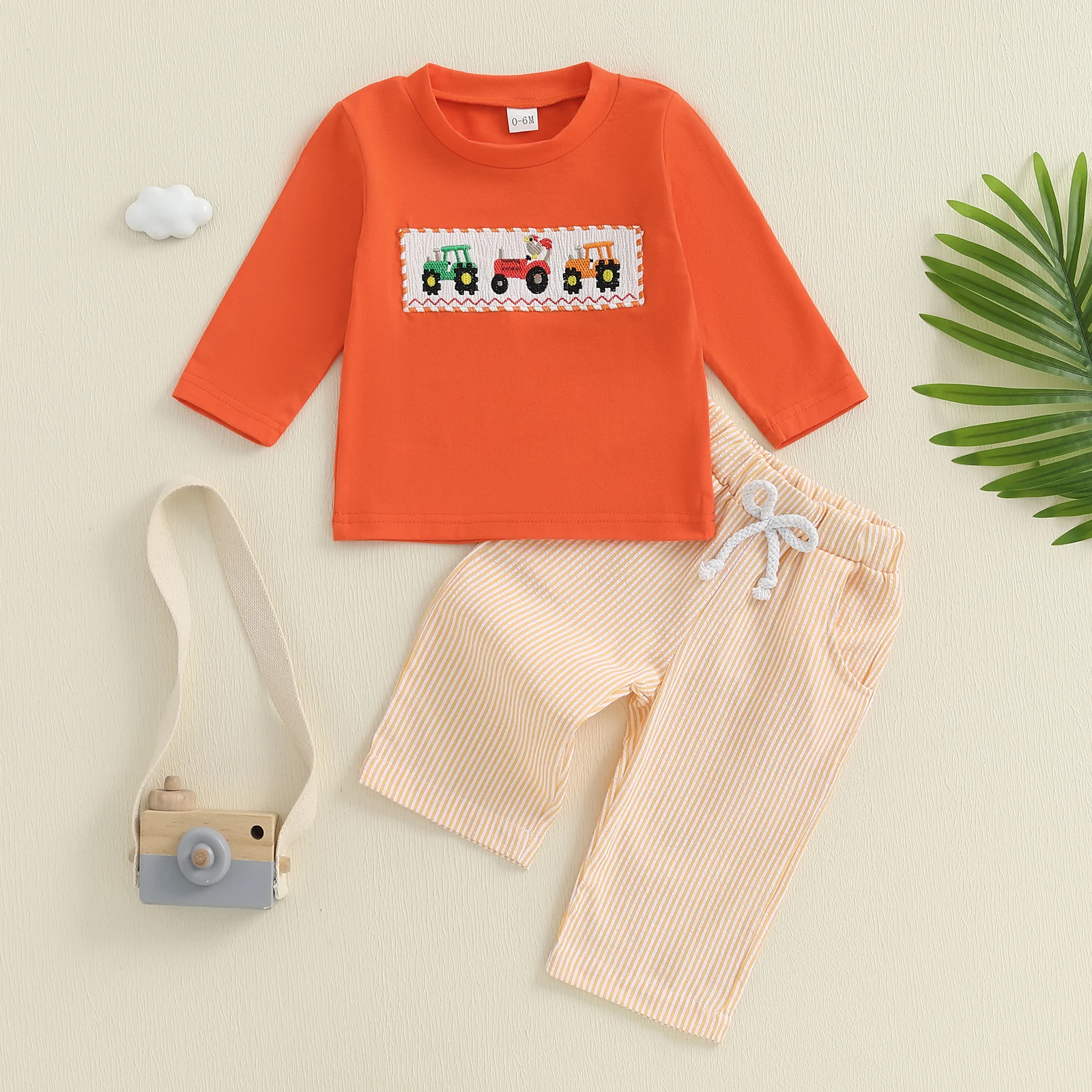 Tregren conjunto de otoño para bebé con top bordado y pantalón a rayas - imagen 3