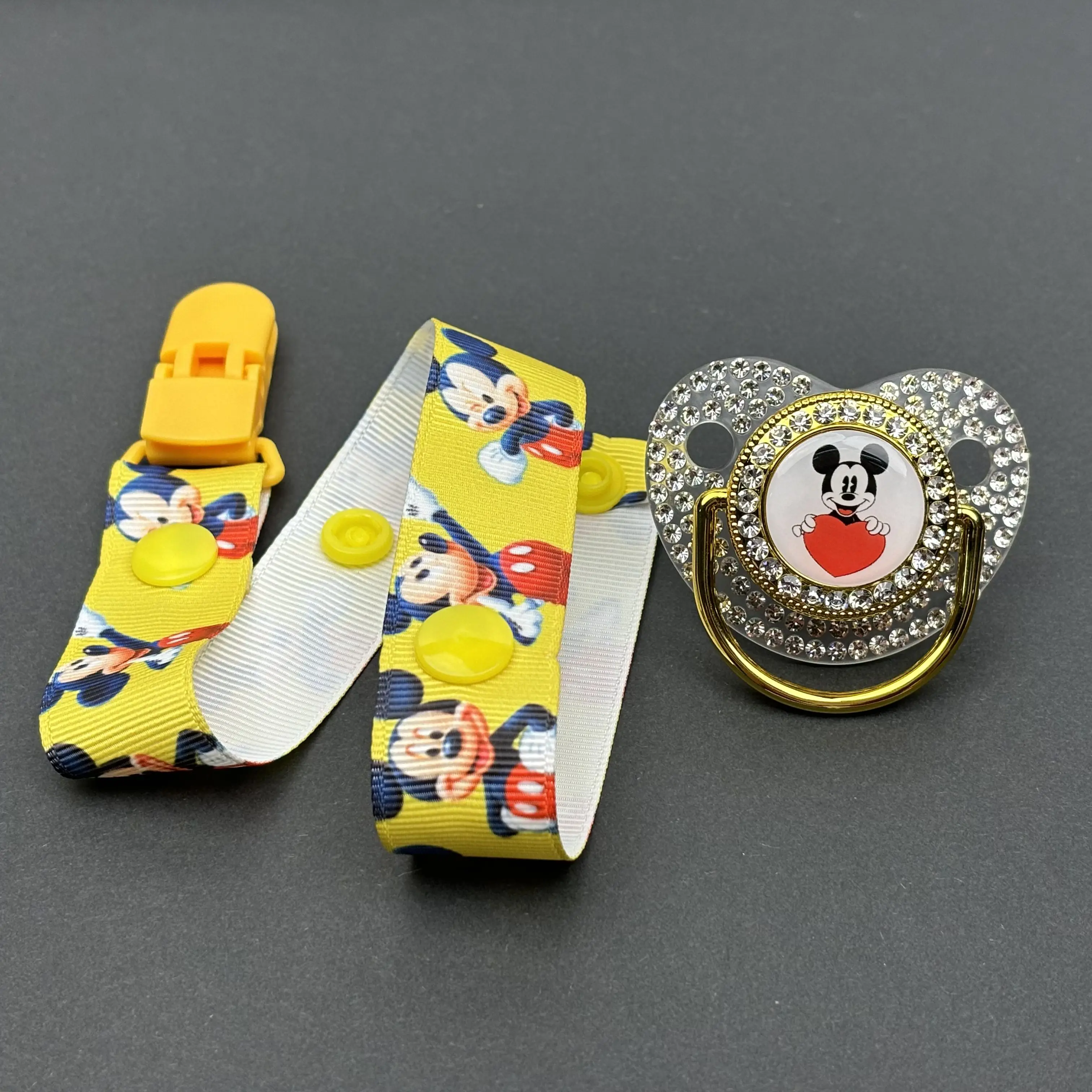 [Madre y niño] clip dorado para chupete de mickey mouse niña 1 Juego de lujo bling binky peso ligero estampado de anime universal se adapta a maniquíes - imagen 3