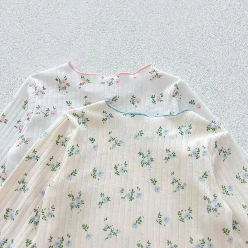 Ropa de dormir Floral bonita para niña, pijama de algodón suave con estampado estético de flores, conjunto de Tops y pantalones para niña, ropa de dormir bonita de moda - imagen 4