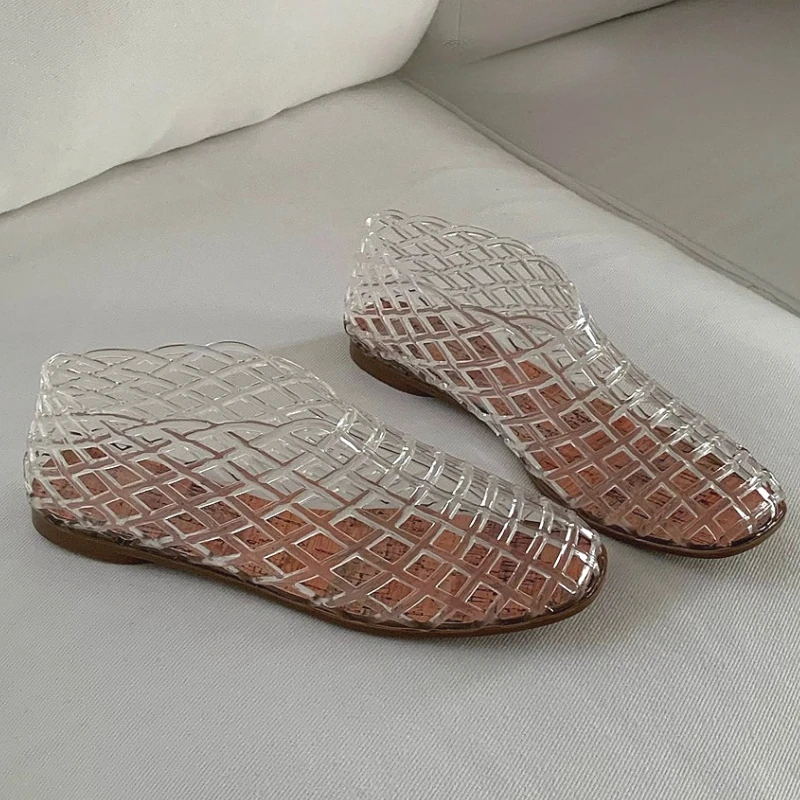 Sandalias planas para mujer con malla translúcida y PVC suave, cómodas