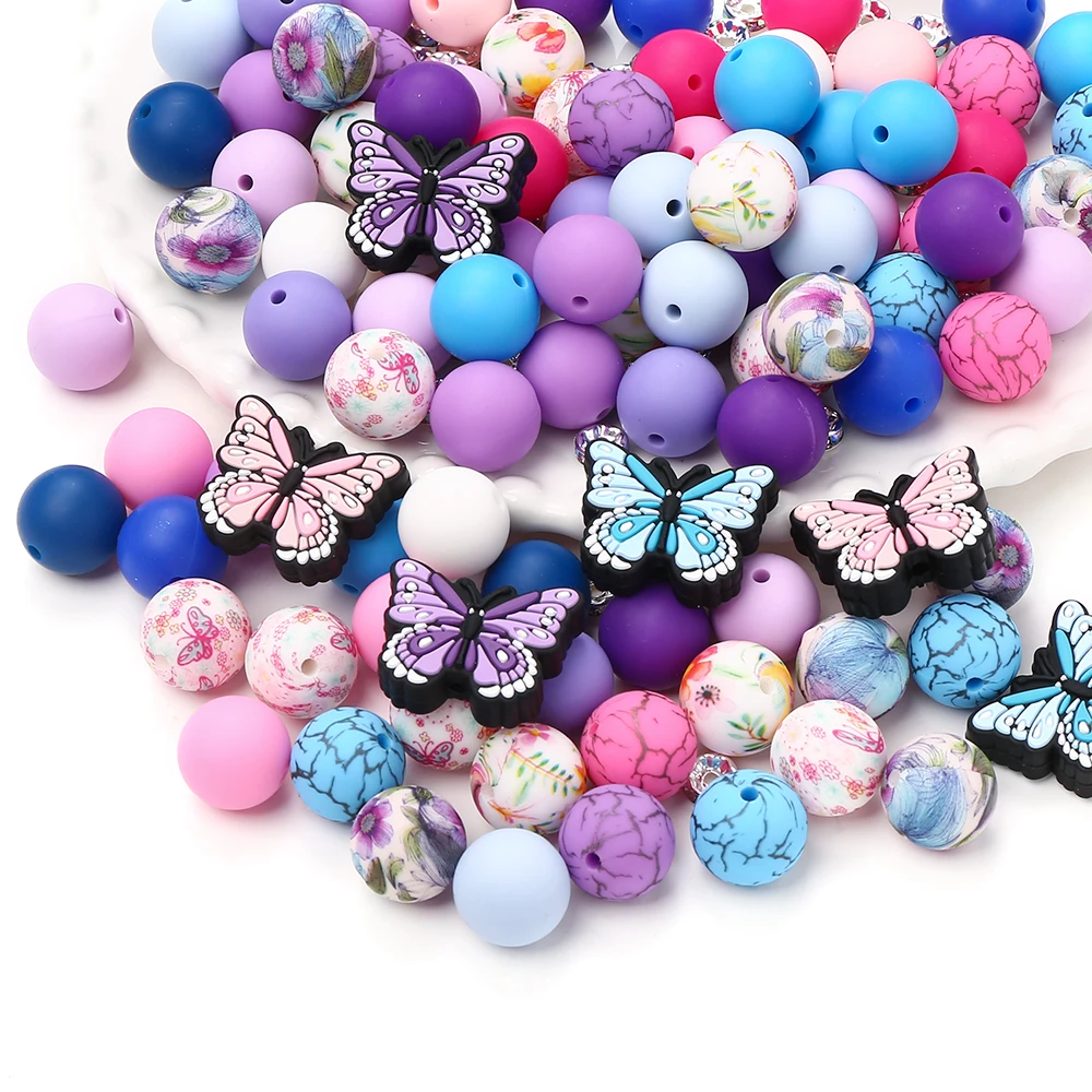 58 Uds nuevas cuentas focales de mariposa de silicona 15mm juegos de cuentas redondas de silicona para DIY cadena de chupete de bebé accesorios de pulsera mordedor - imagen 3