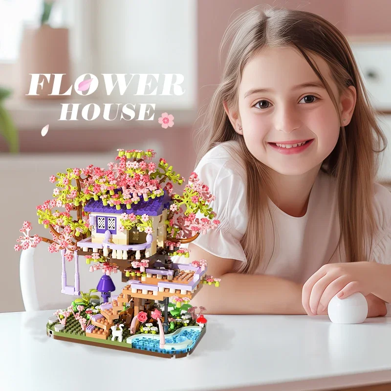 Bloques de construcción micro con flores para casa árbol DIY