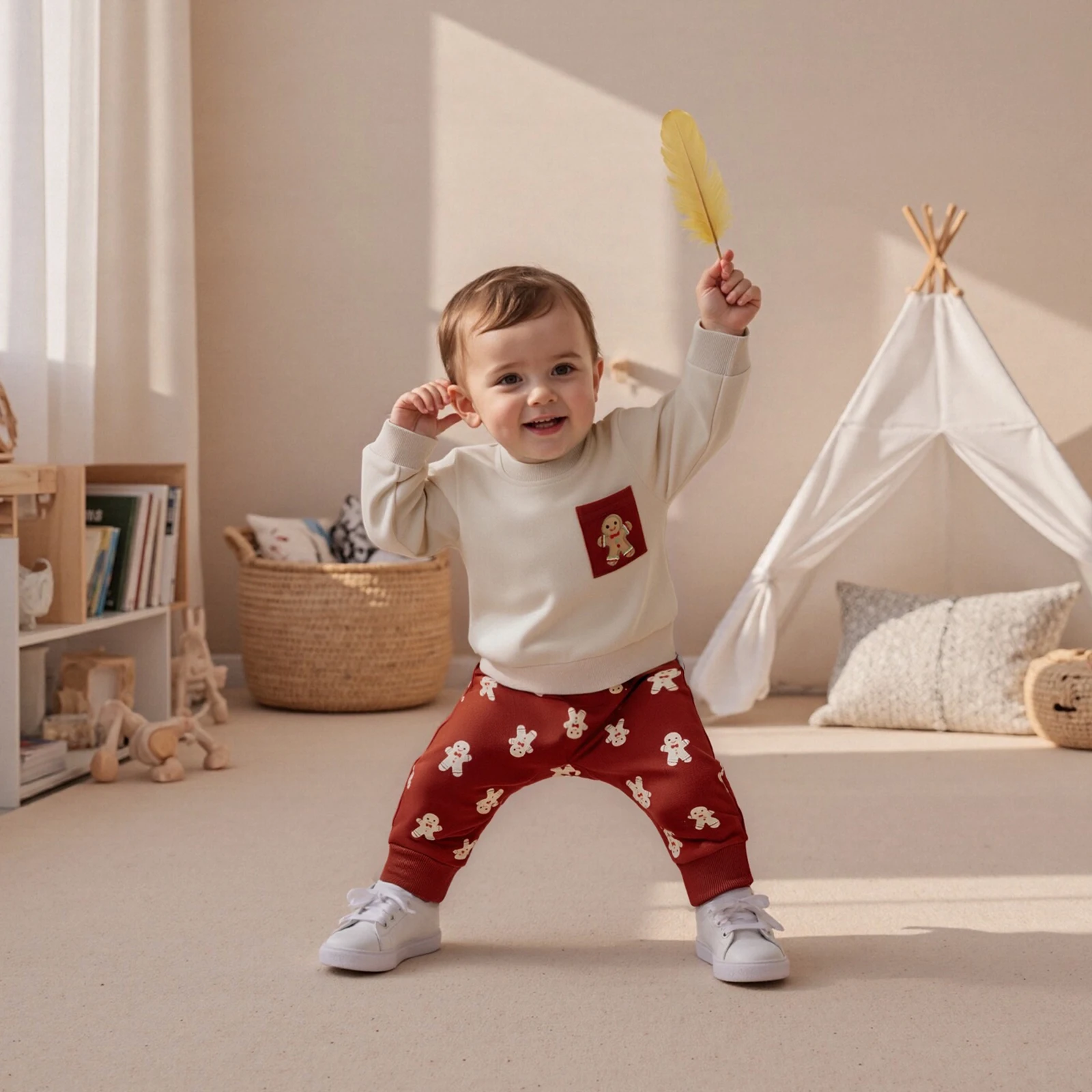 Suefunskry Conjuntos de 2 piezas de Navidad para niños pequeños, sudadera de manga larga con cuello redondo, tops, pantalones con cordón y estampado de pan de jengibre