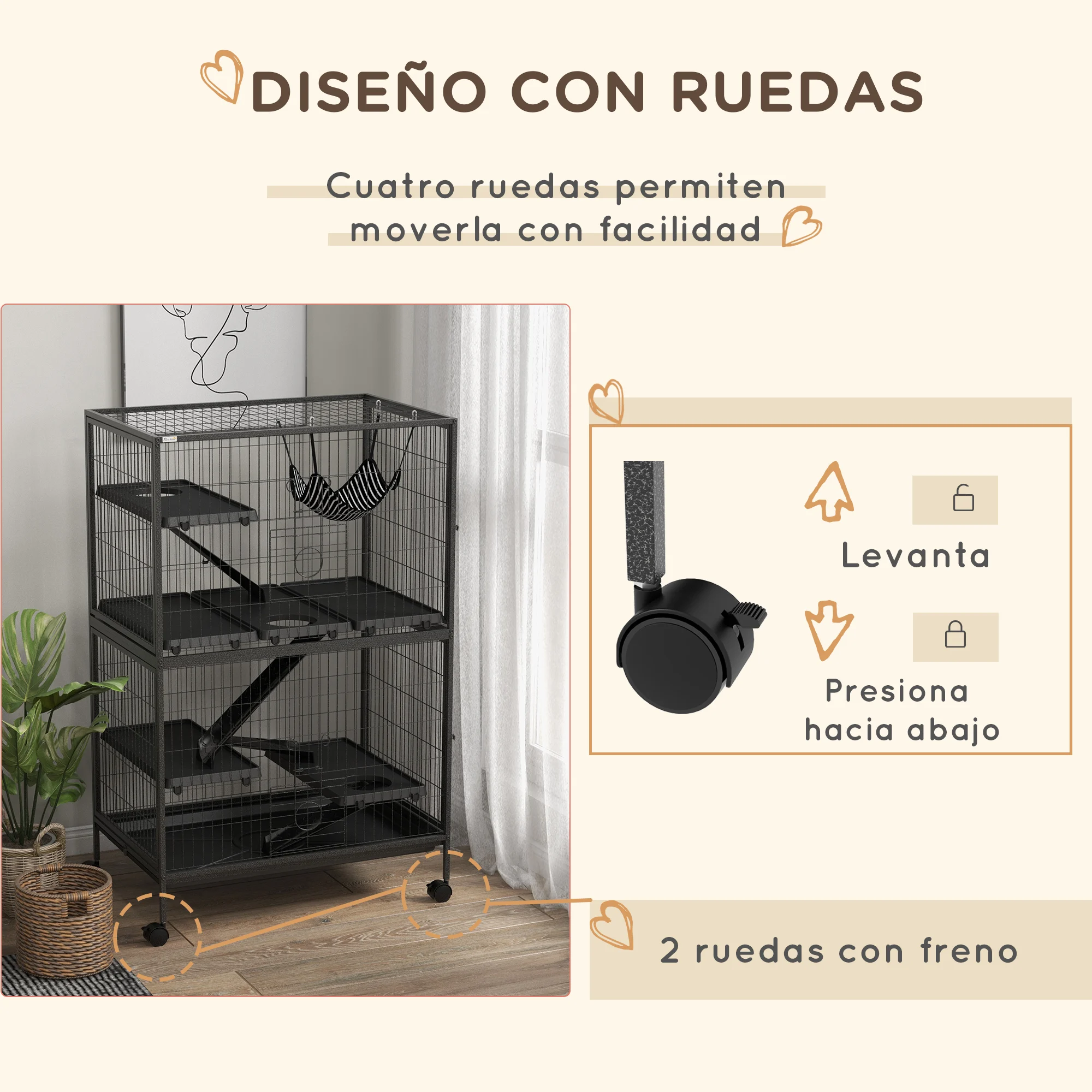 PawHut Jaula para Animales Pequeños de 4 Niveles Jaula para Roedores con Ruedas Rampas Hamaca Colgante y Bandeja Extraíble Recinto para Conejos Chinchillas Hurones 80x52x128 cm Gris Oscuro - imagen 5