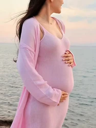 Vestido maternidad dos piezas rosa punto con cárdigan para fotos