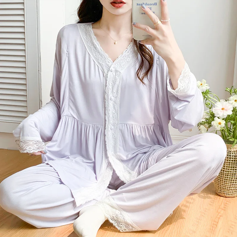 Camisón de lactancia Modal de manga larga y cuello en V - imagen 5
