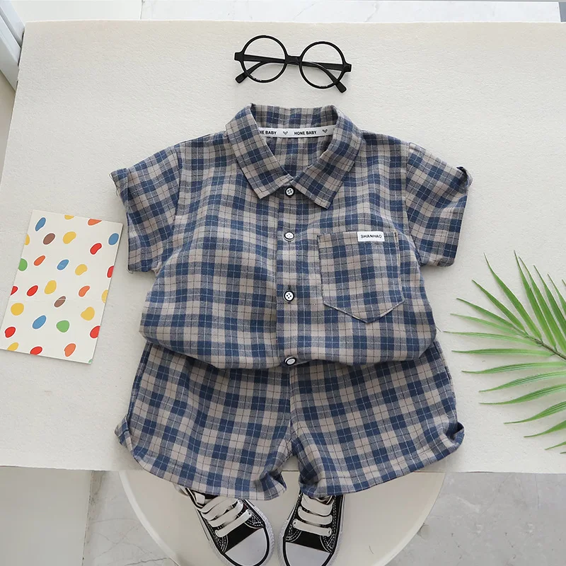Conjunto de ropa de verano para bebé, traje de camisa a cuadros, pantalones cortos, chándal informal para niño pequeño, 2 unidades - imagen 2