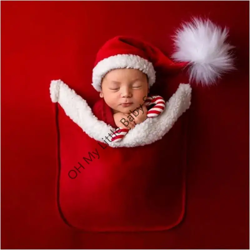 M76C Conjunto accesorios navideños para fotografía recién nacido, gorros Papá Noel y disfraz bolsillo para bebés, y