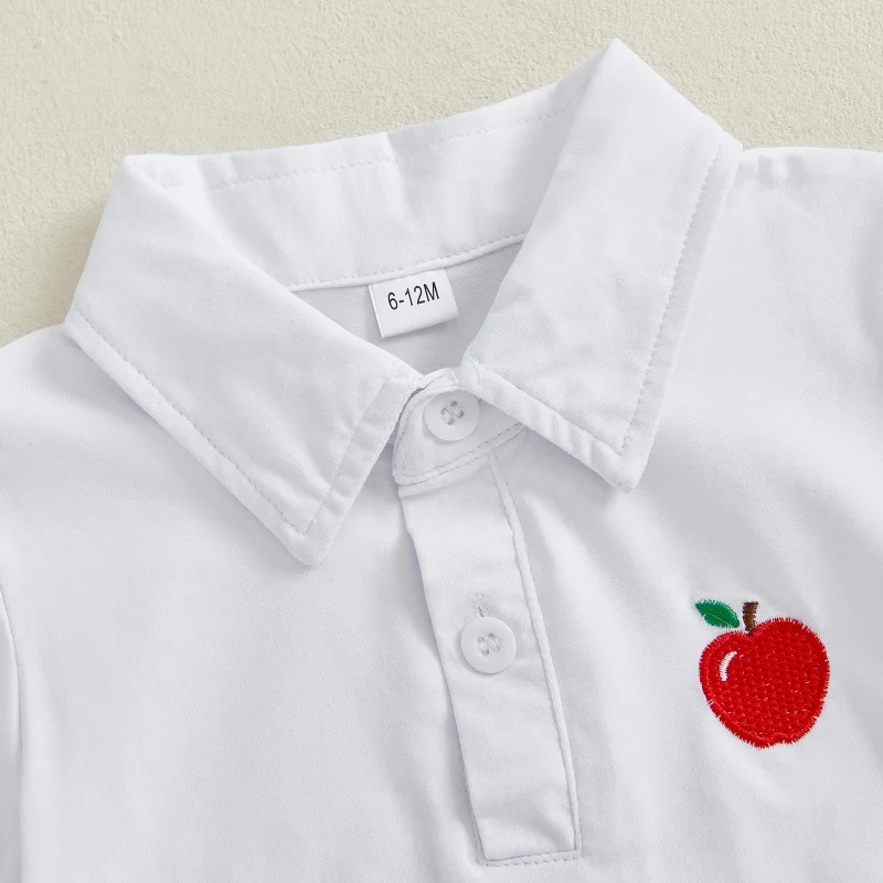 Suefunskry, traje de verano para bebé, bordado de manzana, camisa de manga corta con cuello de solapa, pantalones cortos de cintura elástica a cuadros, conjunto de 2 uds. - imagen 3