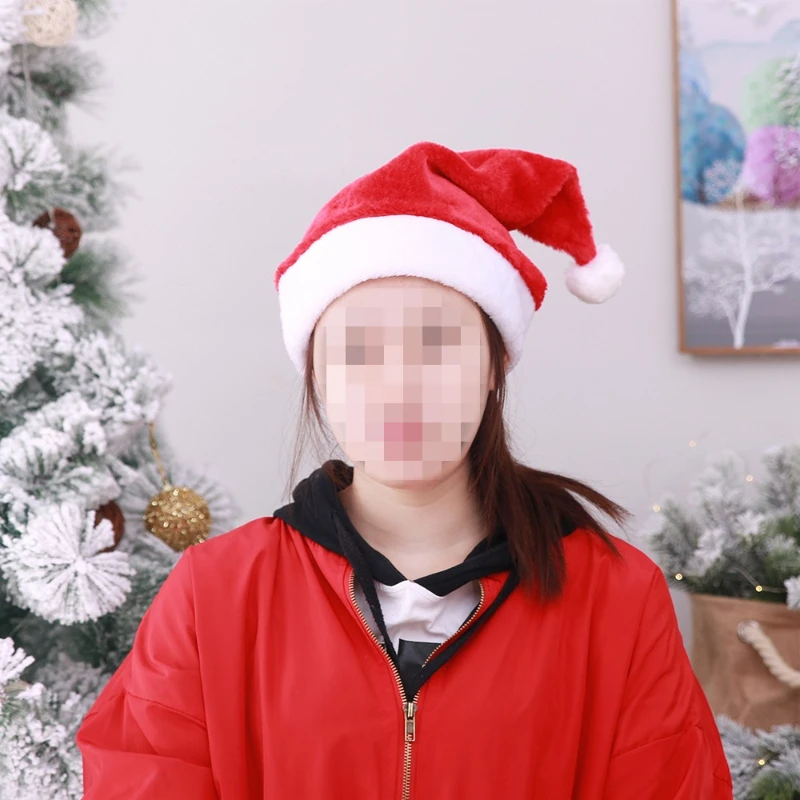 Gorros de Papá Noel rojos de felpa cortos de primera calidad de alta gama para adultos y niños, decoración y suministros para fiesta de Navidad, 2 uds. - imagen 5