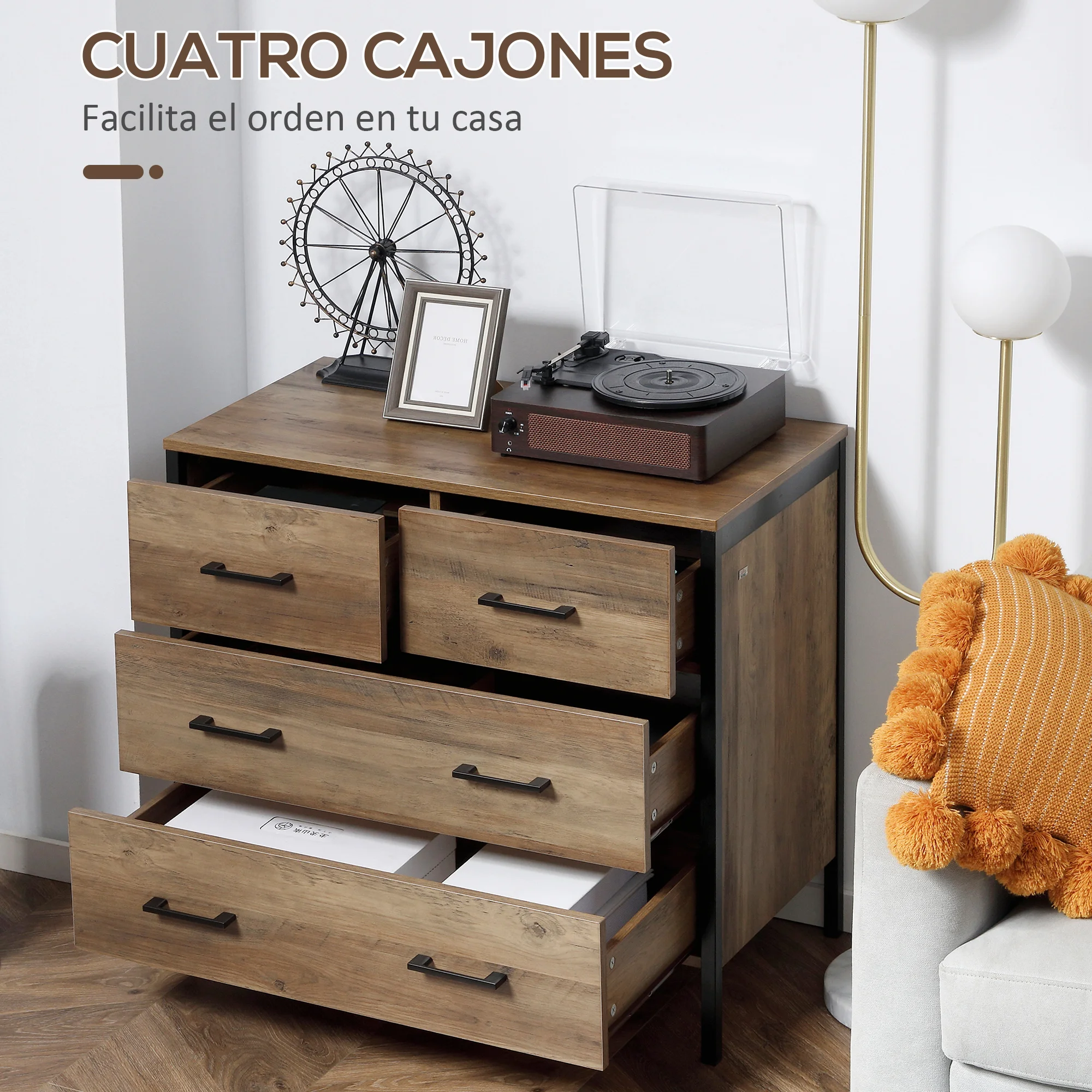 HOMCOM Cajonera con 4 Cajones Cómoda de Dormitorio de Madera Mueble Almacenaje para Salón Habitación Oficina Estilo Industrial Antivuelco 80x40x75 cm Marrón - imagen 5