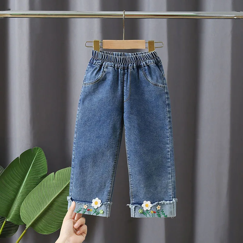 MILANCEL nueva primavera niños Jeans niñas lindo bordado cereza flor Denim pantalones azules niños prendas de vestir pantalones - imagen 4